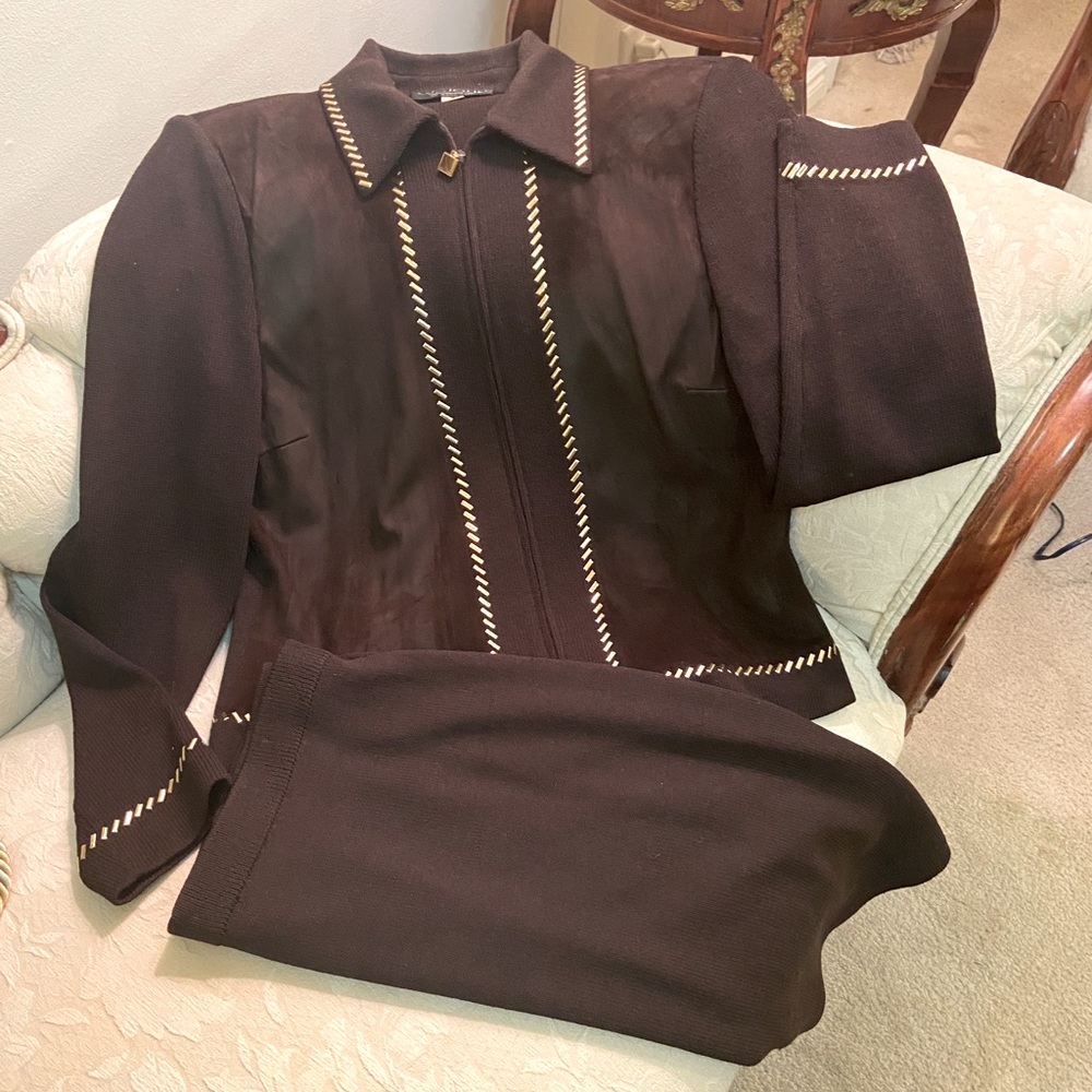 Dark Chocolate Brown and Gold St. John skirt suit